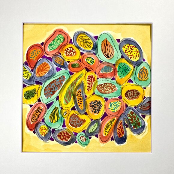 Spicy Original Wall Art Abstract Watercolor Painting Matted Frame Ready 12x12in - Picture 2 of 5